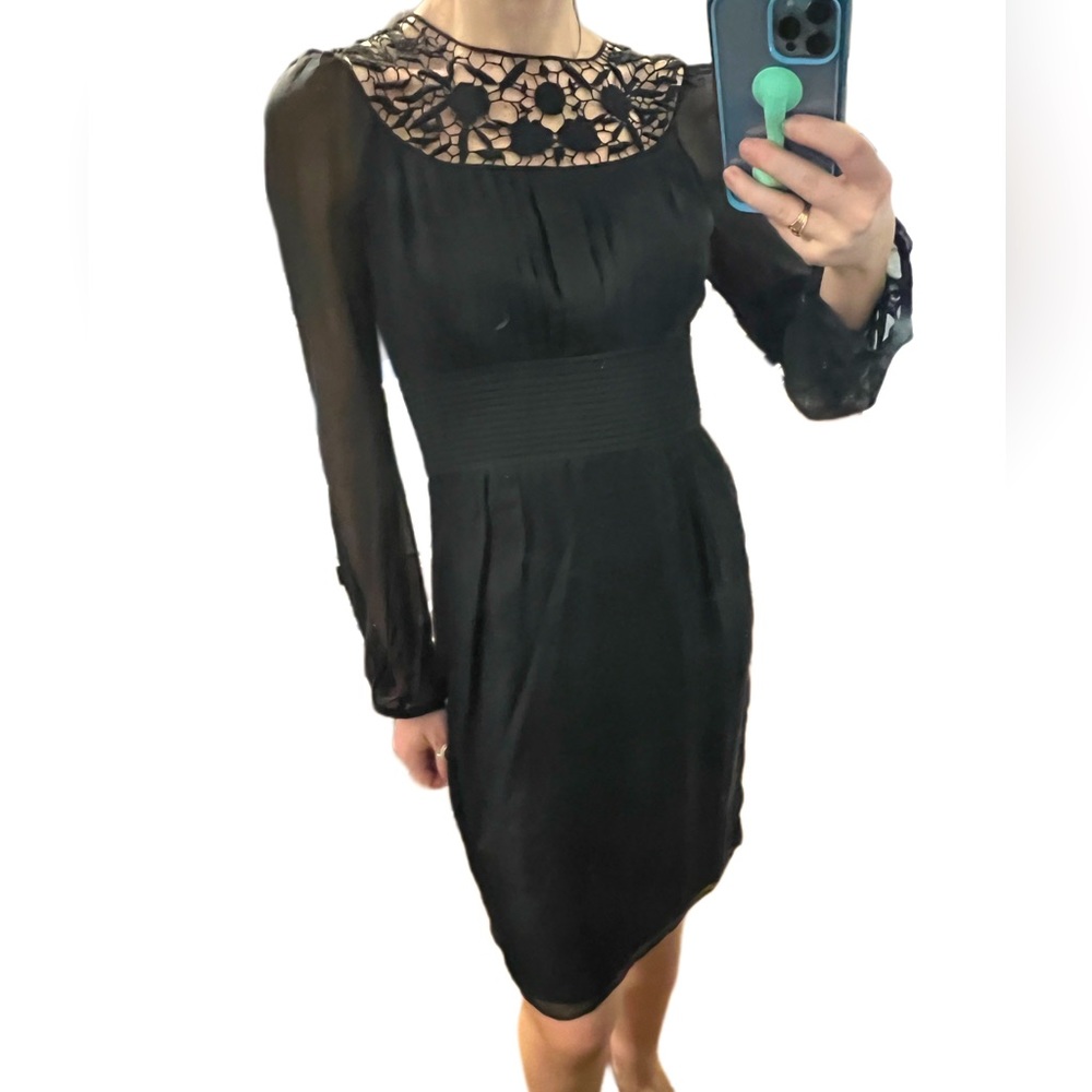 Catherine Malandrino Black silk lightweight lace-yoke dress